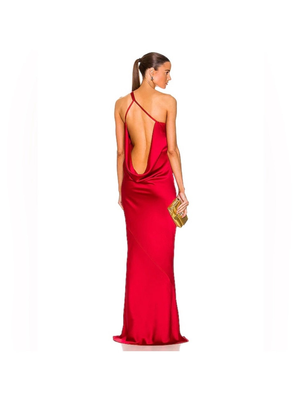 Norma Kamali One Shoulder Bias Gown Tiger Red Satin Backless Cowl Gown